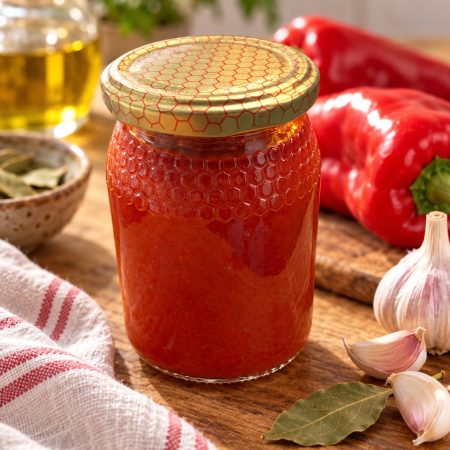 Frasco de massa de pimentão em cru caseira com pimentos vermelhos, alho e louro