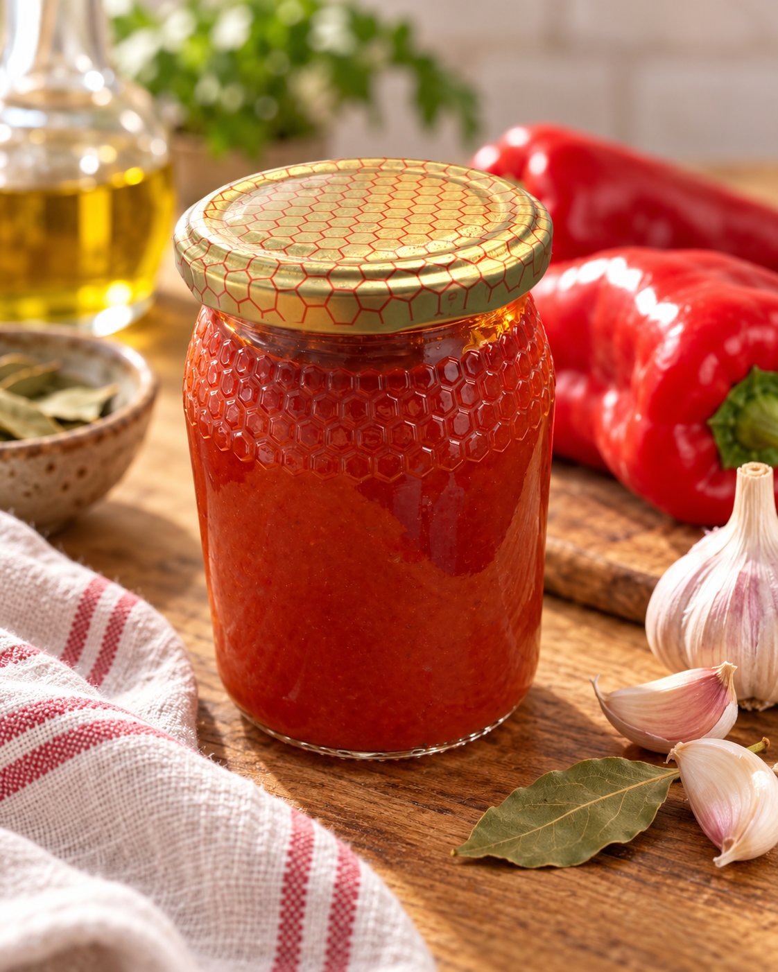 Frasco de massa de pimentão em cru caseira com pimentos vermelhos, alho e louro